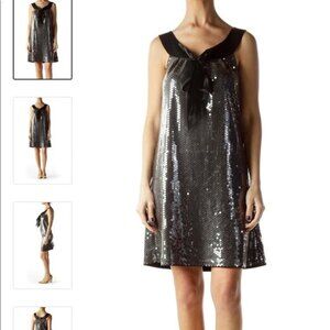LARok Silver Black Ribbon Neckline Cocktail Dress Holiday Party Dress Metallic
